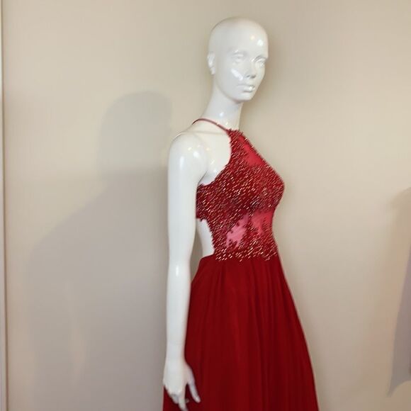 Red Formal Gown halter with Rhinestone Top and sheer panels Blonde Nites Sz 5 - Picture 5 of 7